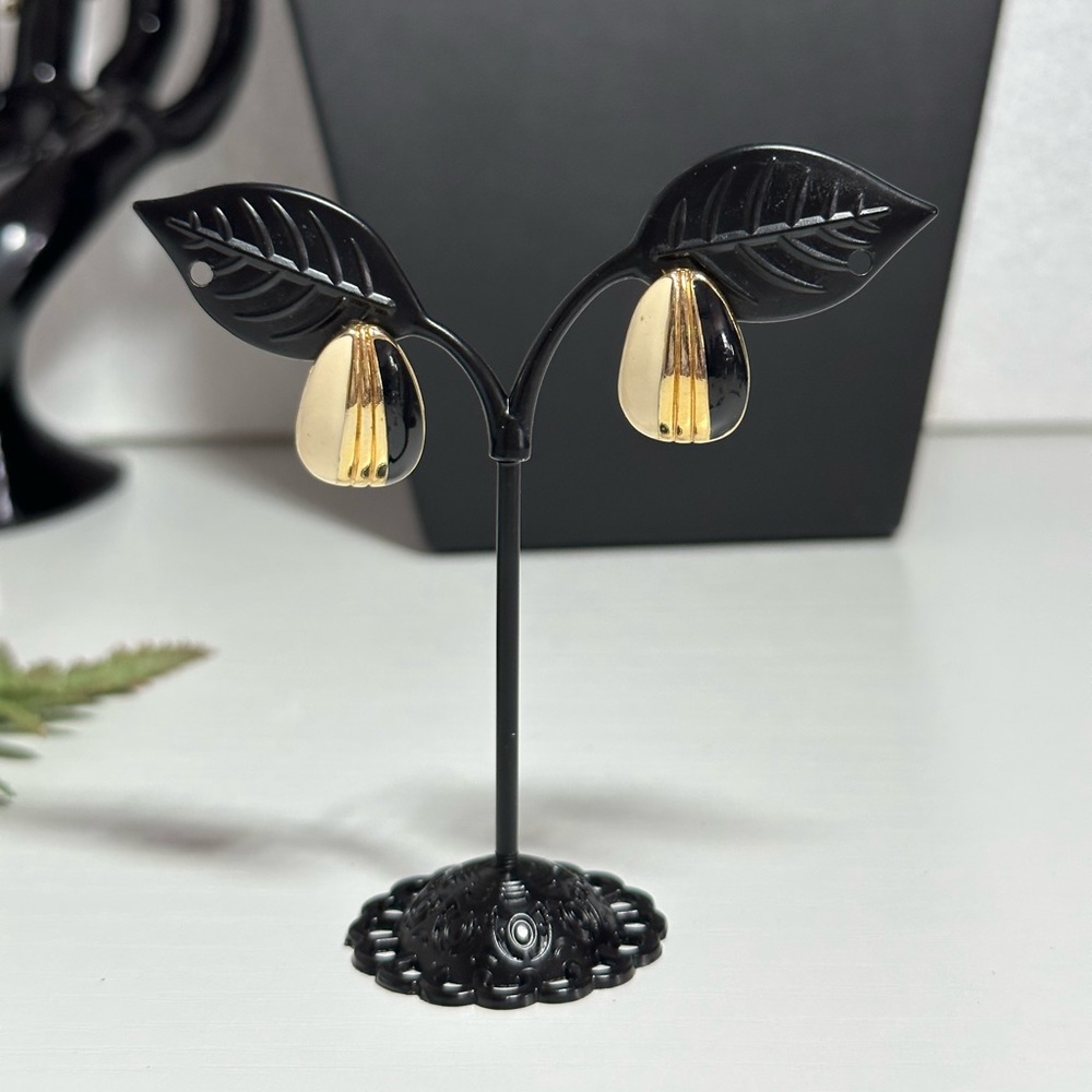 Cream Black Gold Large Metal Rectangle Dressy Pierced Earrings